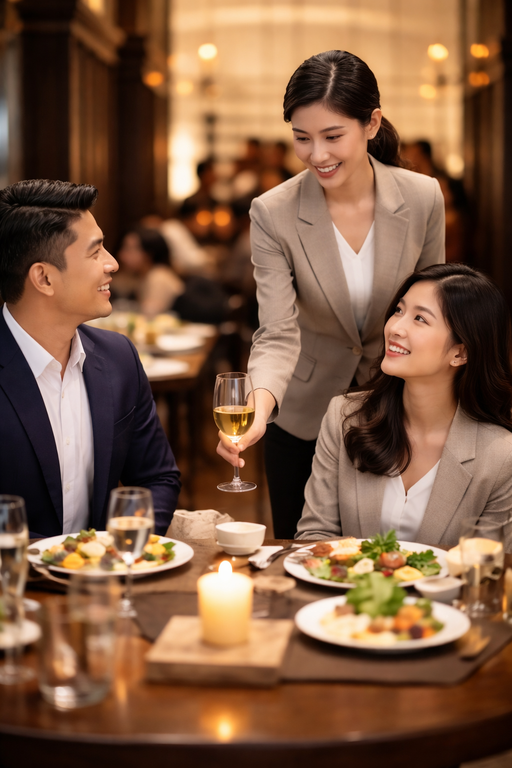 Luxury restaurant server delighting a guest